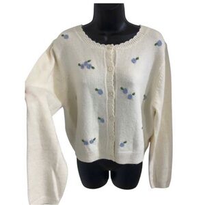Jessica simpson cream blue flower embroidered scalloped collar cardigan size XL